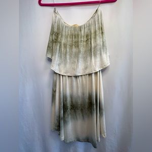 how.very.loved Strapless Olive & Cream Tie Dye Tiered Mini Dress- Size Small